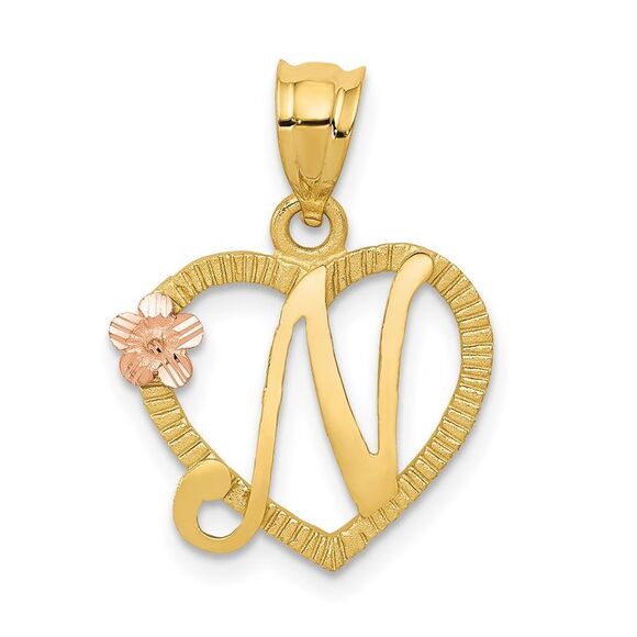14k Two Tone Gold Grace Collection 15mm Heart Initial N Pendant - Picture 1 of 5